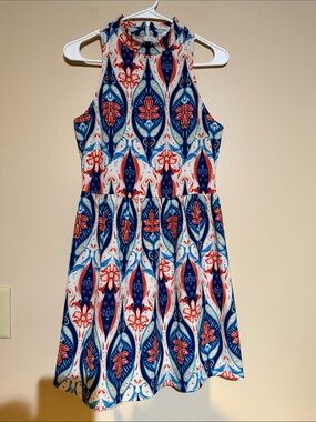 Charles Henry Blue, White and Red Patterned Sleeveless Dress